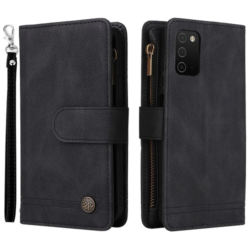 Zipper Pocket Stripes Imprinted Leather Cover Wallet Stand Phone Case with Multiple Card Slots for Samsung Galaxy A03s (164.2mm) - Black - 1