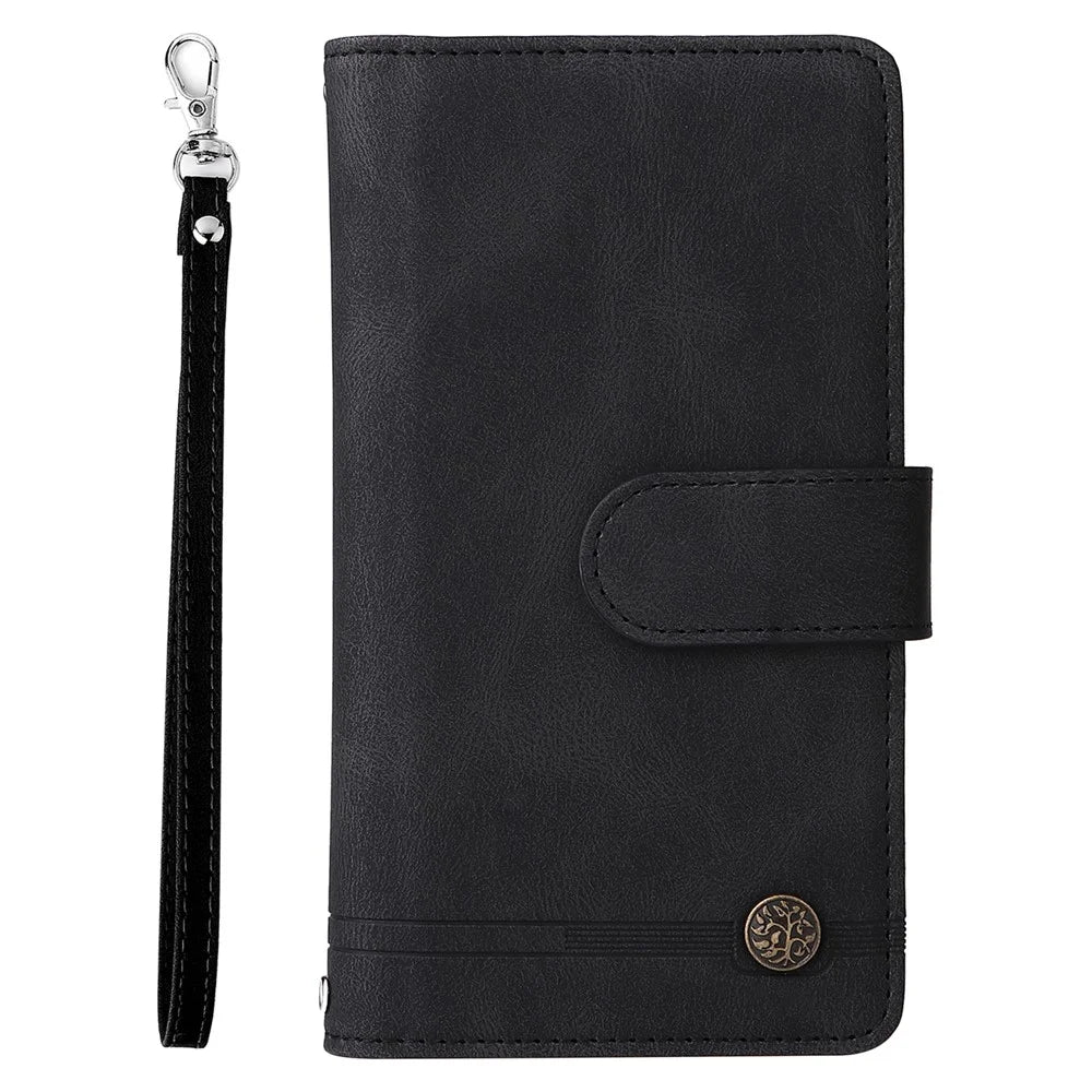 Zipper Pocket Stripes Imprinted Leather Cover Wallet Stand Phone Case with Multiple Card Slots for Samsung Galaxy A03s (164.2mm) - Black - 2