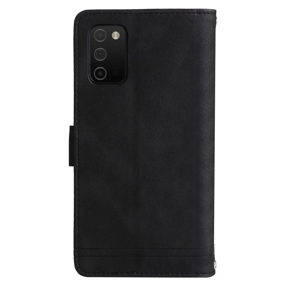 Zipper Pocket Stripes Imprinted Leather Cover Wallet Stand Phone Case with Multiple Card Slots for Samsung Galaxy A03s (164.2mm) - Black - 3