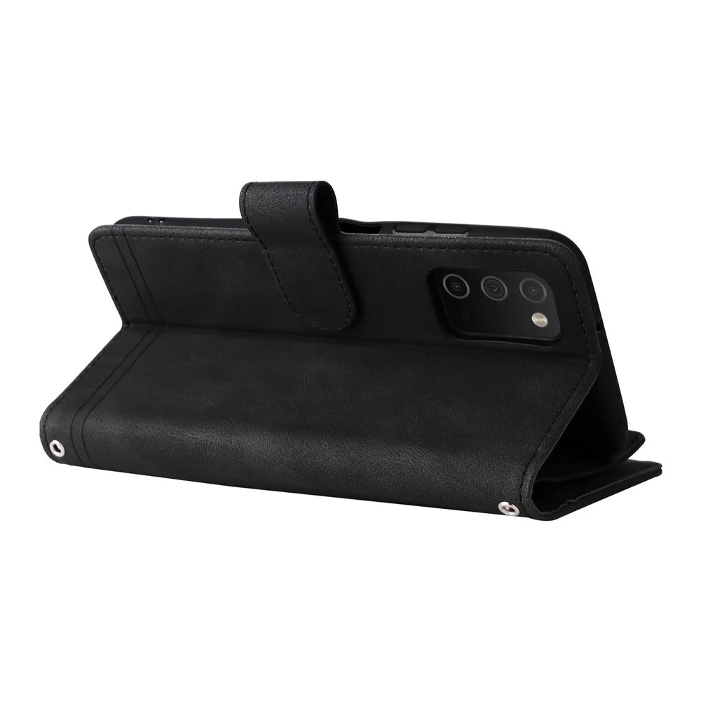 Zipper Pocket Stripes Imprinted Leather Cover Wallet Stand Phone Case with Multiple Card Slots for Samsung Galaxy A03s (164.2mm) - Black - 5