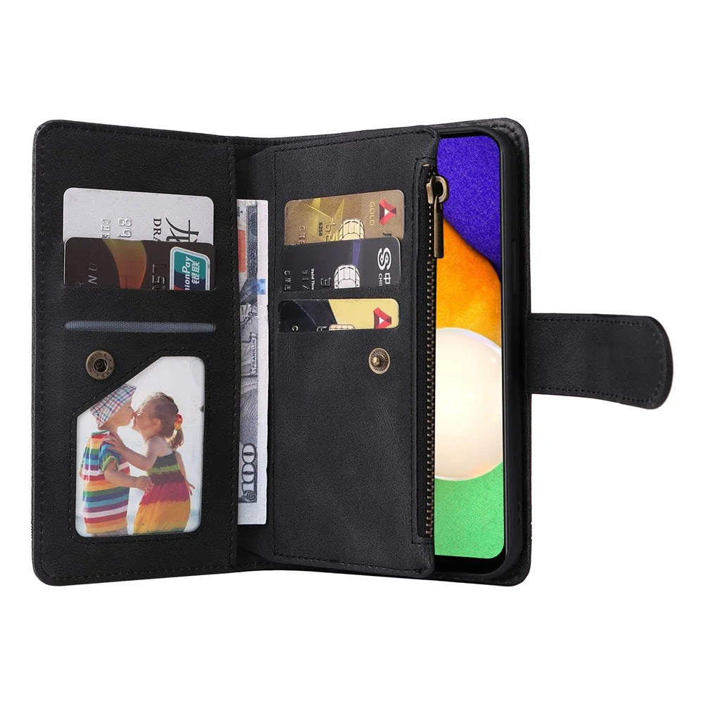 Zipper Pocket Stripes Imprinted Leather Cover Wallet Stand Phone Case with Multiple Card Slots for Samsung Galaxy A03s (164.2mm) - Black - 6