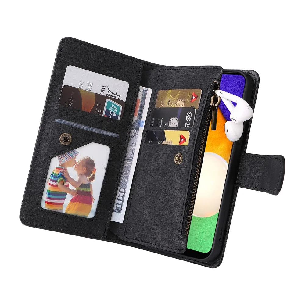 Zipper Pocket Stripes Imprinted Leather Cover Wallet Stand Phone Case with Multiple Card Slots for Samsung Galaxy A03s (164.2mm) - Black - 7
