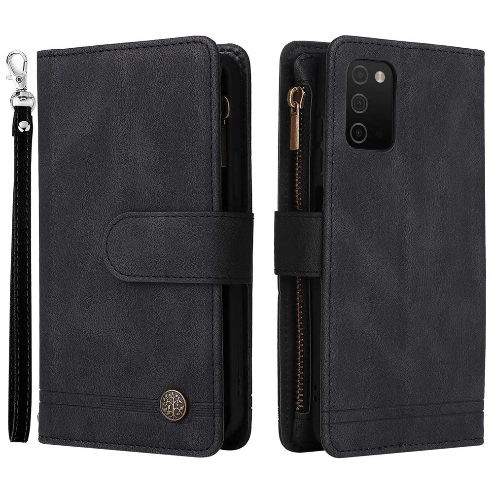 Imprinting Stripes Zipper Pocket Multiple Card Slots Leather Cover Phone Case with Stand Wallet for Samsung Galaxy A03s (166.5mm) - Black - 1