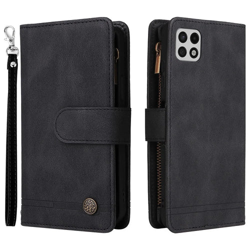 Imprinting Stripes Zipper Pocket Leather Cover Foldable Stand Card Slots Phone Case Shell for Samsung Galaxy A22 5G (EU Version) - Black - 1