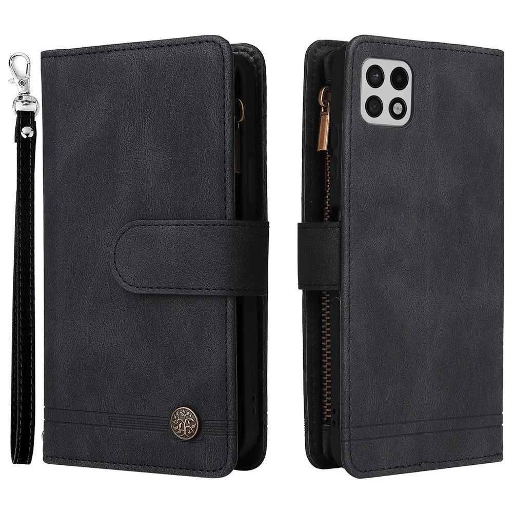 Imprinting Stripes Zipper Pocket Leather Cover Foldable Stand Card Slots Phone Case Shell for Samsung Galaxy A22 5G (EU Version) - Black - 1