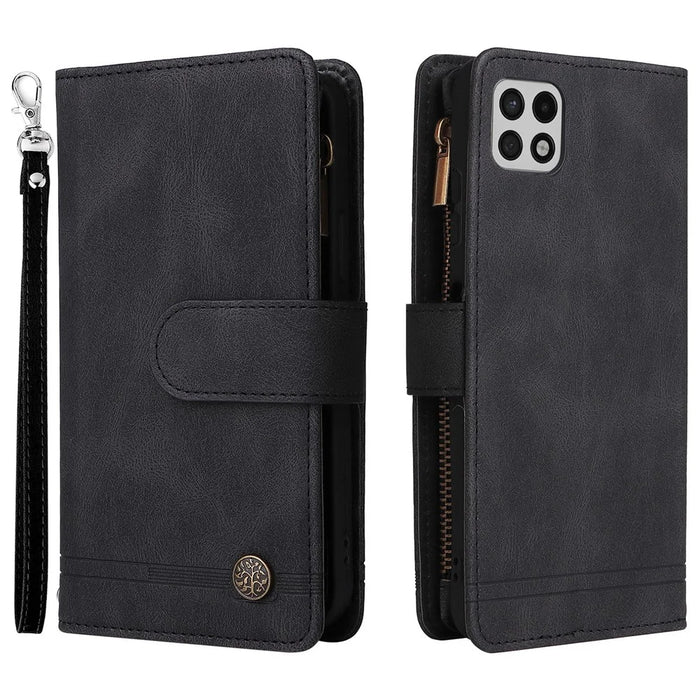 Imprinting Stripes Zipper Pocket Leather Cover Foldable Stand Card Slots Phone Case Shell for Samsung Galaxy A22 5G (EU Version) - Black - 1