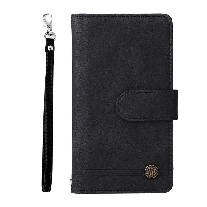 Imprinting Stripes Zipper Pocket Leather Cover Foldable Stand Card Slots Phone Case Shell for Samsung Galaxy A22 5G (EU Version) - Black - 2