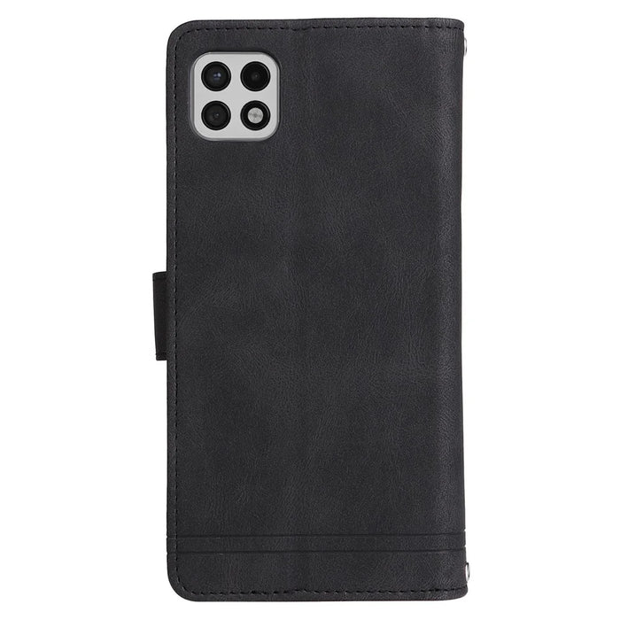Imprinting Stripes Zipper Pocket Leather Cover Foldable Stand Card Slots Phone Case Shell for Samsung Galaxy A22 5G (EU Version) - Black - 3