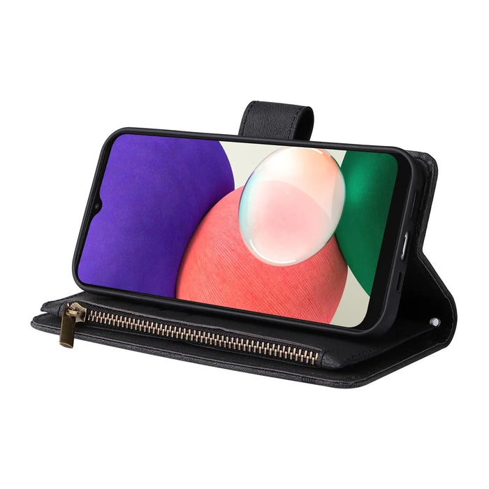 Imprinting Stripes Zipper Pocket Leather Cover Foldable Stand Card Slots Phone Case Shell for Samsung Galaxy A22 5G (EU Version) - Black - 4