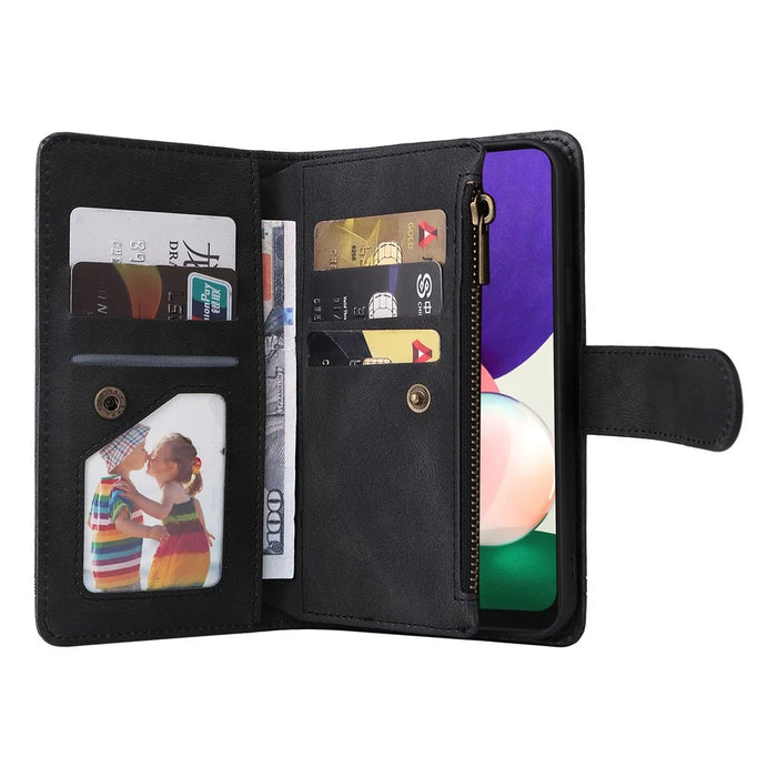Imprinting Stripes Zipper Pocket Leather Cover Foldable Stand Card Slots Phone Case Shell for Samsung Galaxy A22 5G (EU Version) - Black - 6