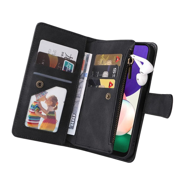 Imprinting Stripes Zipper Pocket Leather Cover Foldable Stand Card Slots Phone Case Shell for Samsung Galaxy A22 5G (EU Version) - Black - 7