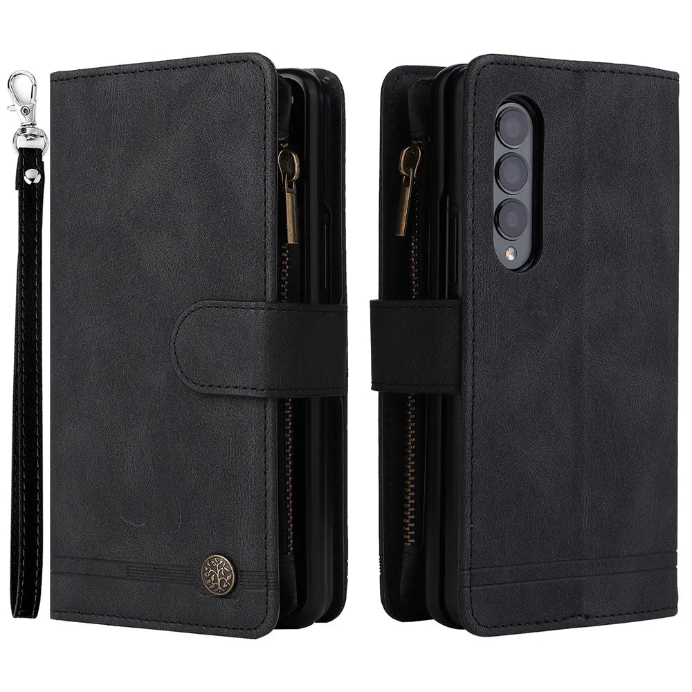 Imprinting Stripes Skin-touch PU Leather Cover Zipper Pocket Multiple Card Slots Phone Case with Stand for Samsung Galaxy Z Fold3 5G - Black - 1