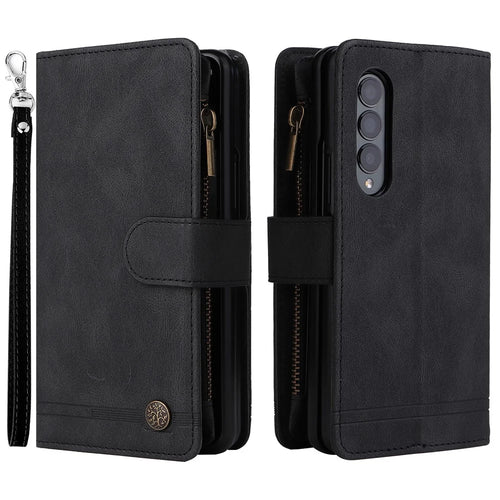 Imprinting Stripes Skin-touch PU Leather Cover Zipper Pocket Multiple Card Slots Phone Case with Stand for Samsung Galaxy Z Fold3 5G - Black - 1