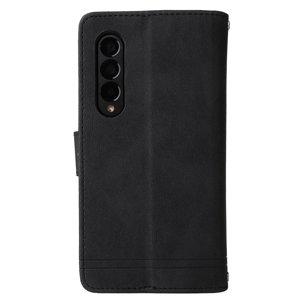 Imprinting Stripes Skin-touch PU Leather Cover Zipper Pocket Multiple Card Slots Phone Case with Stand for Samsung Galaxy Z Fold3 5G - Black - 3