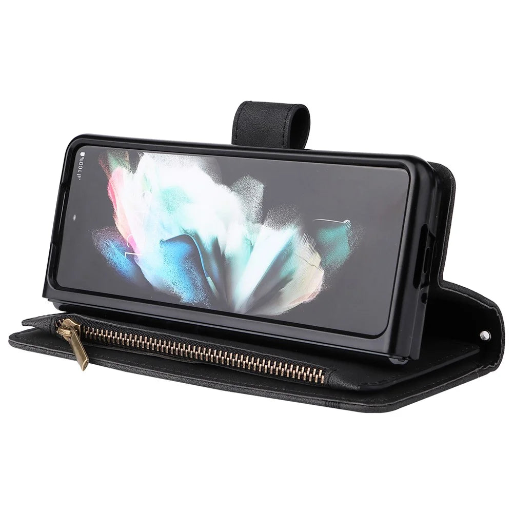 Imprinting Stripes Skin-touch PU Leather Cover Zipper Pocket Multiple Card Slots Phone Case with Stand for Samsung Galaxy Z Fold3 5G - Black - 4
