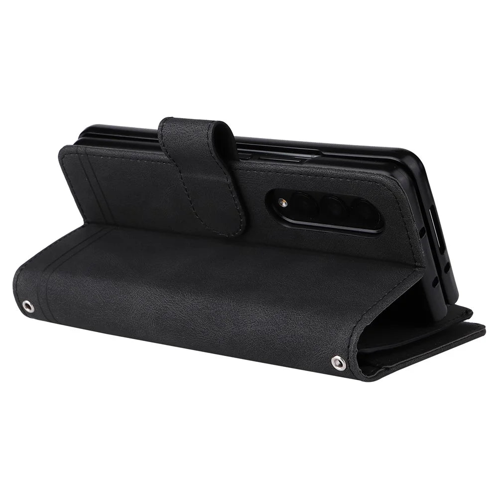 Imprinting Stripes Skin-touch PU Leather Cover Zipper Pocket Multiple Card Slots Phone Case with Stand for Samsung Galaxy Z Fold3 5G - Black - 5