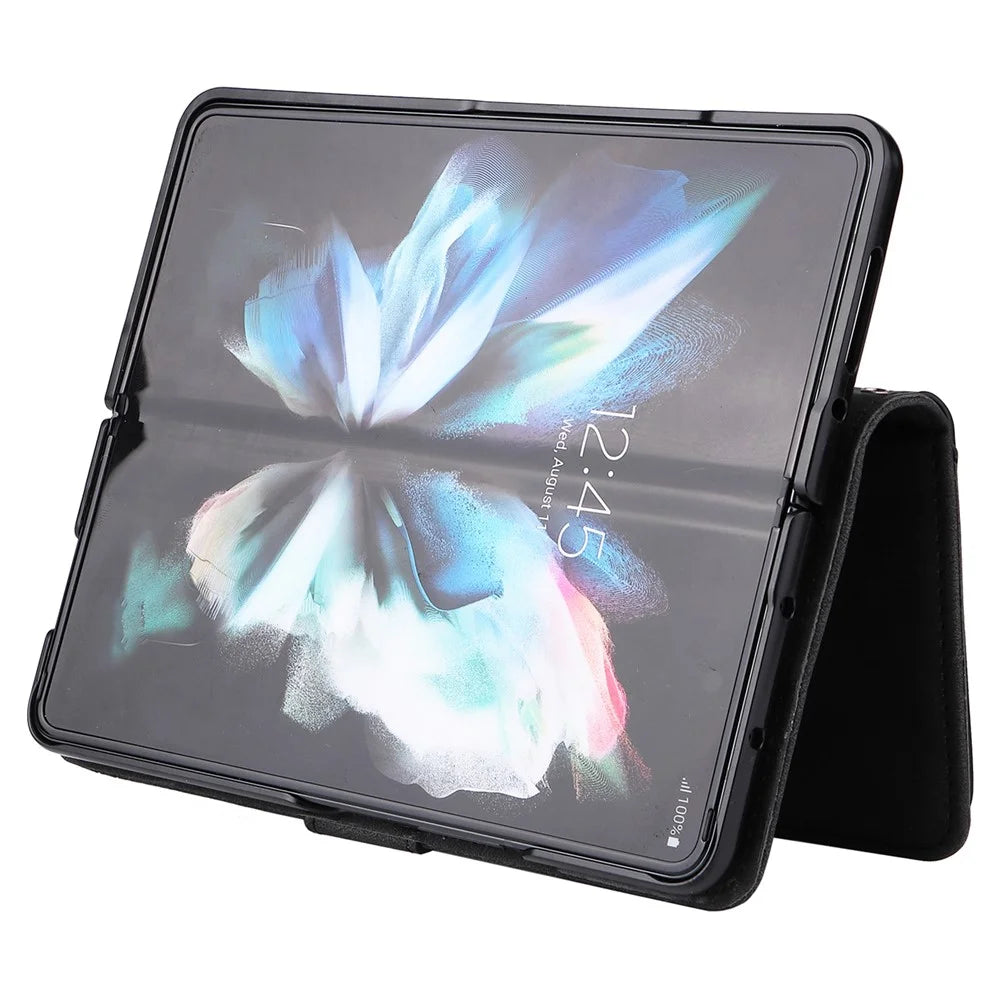 Imprinting Stripes Skin-touch PU Leather Cover Zipper Pocket Multiple Card Slots Phone Case with Stand for Samsung Galaxy Z Fold3 5G - Black - 6