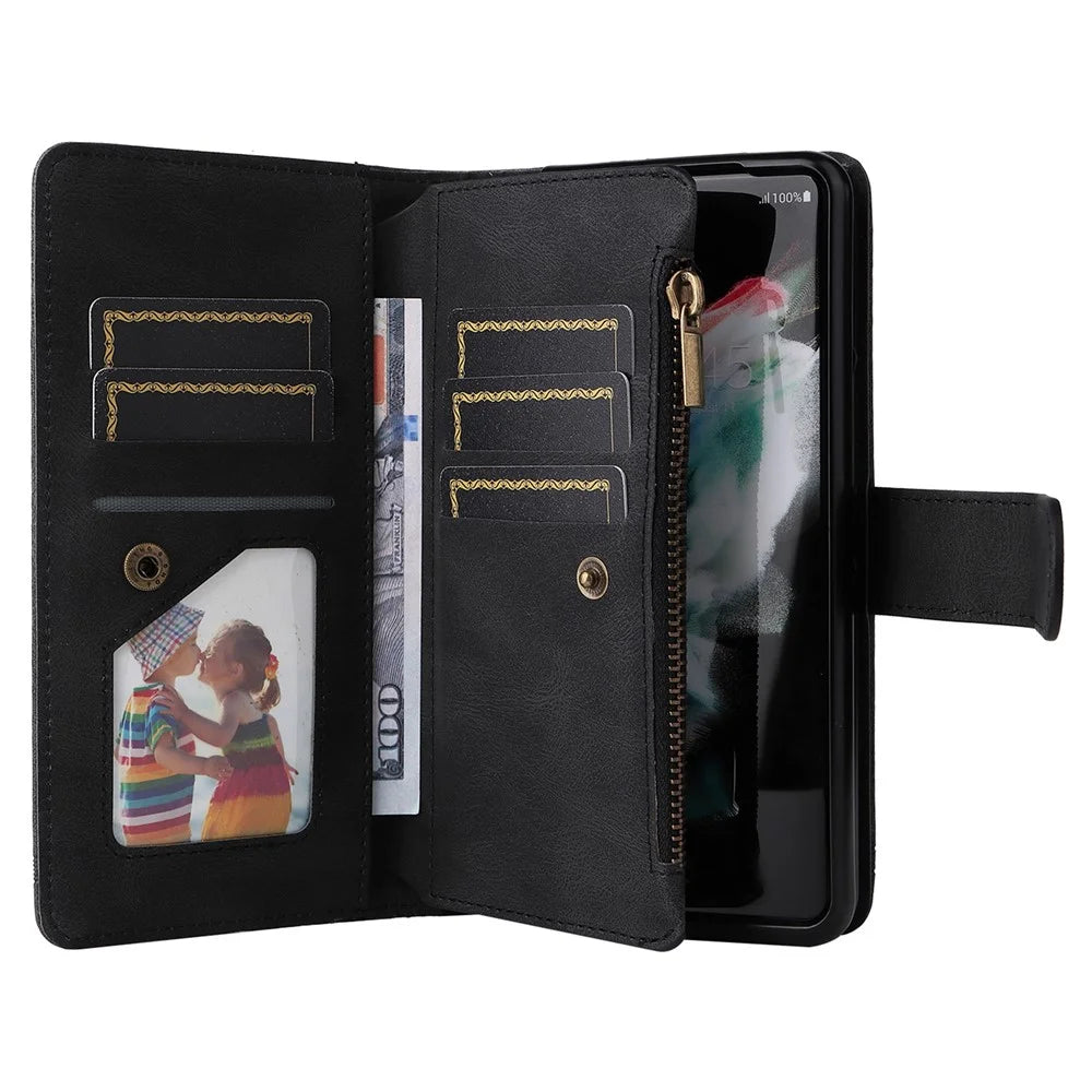 Imprinting Stripes Skin-touch PU Leather Cover Zipper Pocket Multiple Card Slots Phone Case with Stand for Samsung Galaxy Z Fold3 5G - Black - 7