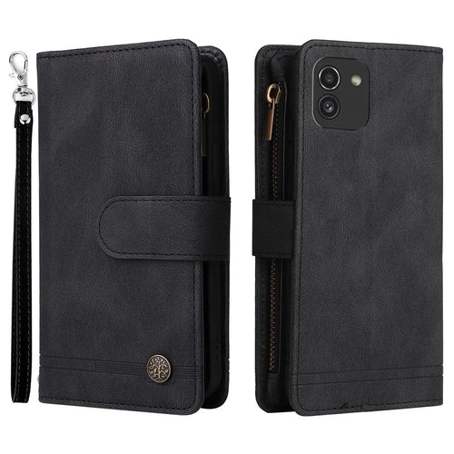 Imprinting Stripes Zipper Pocket Phone Case Multiple Card Slots Stand Leather Shell for Samsung Galaxy A03 (164.2mm) - Black - 1