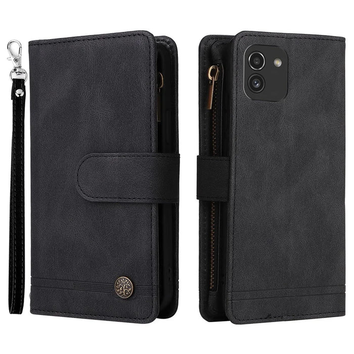 Imprinting Stripes Zipper Pocket Phone Case Multiple Card Slots Stand Leather Shell for Samsung Galaxy A03 (164.2mm) - Black - 1