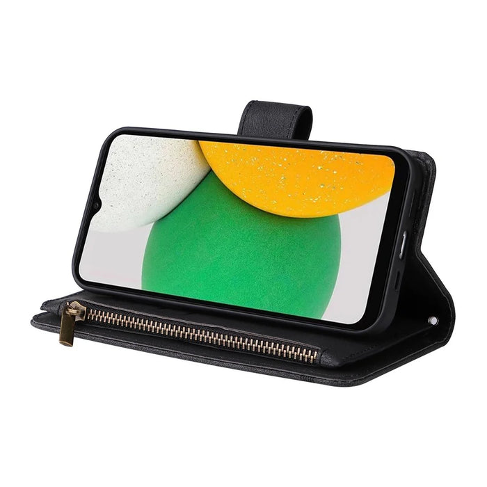 Imprinting Stripes Zipper Pocket Phone Case Multiple Card Slots Stand Leather Shell for Samsung Galaxy A03 (164.2mm) - Black - 4