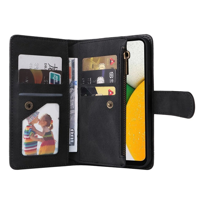 Imprinting Stripes Zipper Pocket Phone Case Multiple Card Slots Stand Leather Shell for Samsung Galaxy A03 (164.2mm) - Black - 6