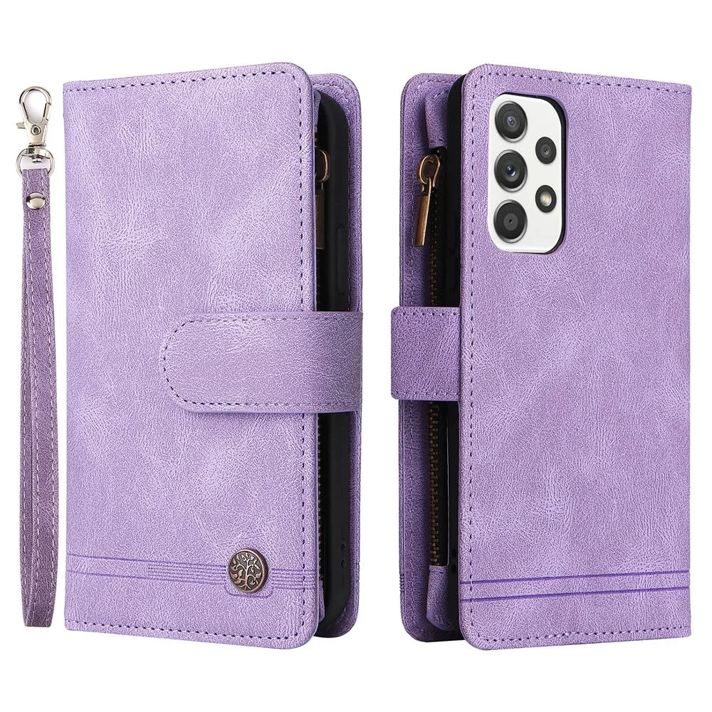 Stripes Imprinted Skin-touch PU Leather Flip Folio Stand Protective Cover Zipper Purse Card Slots Cash Pocket with Strap for Samsung Galaxy A53 5G - Purple - 1