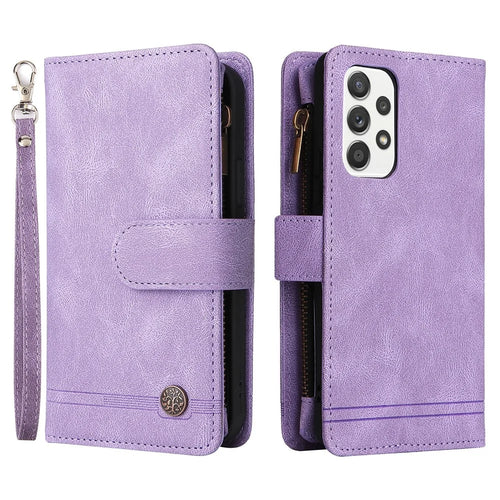 Stripes Imprinted Skin-touch PU Leather Flip Folio Stand Protective Cover Zipper Purse Card Slots Cash Pocket with Strap for Samsung Galaxy A53 5G - Purple - 1