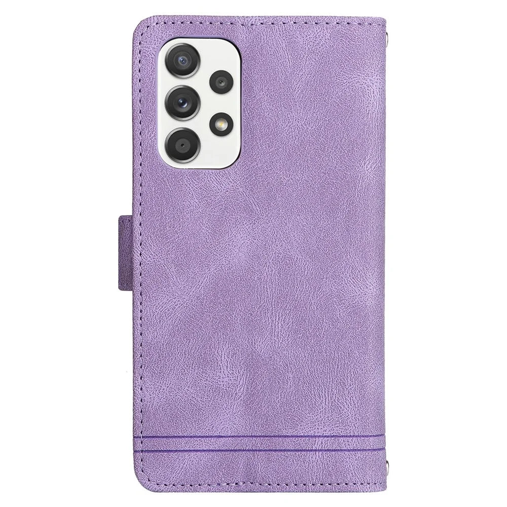 Stripes Imprinted Skin-touch PU Leather Flip Folio Stand Protective Cover Zipper Purse Card Slots Cash Pocket with Strap for Samsung Galaxy A53 5G - Purple - 3