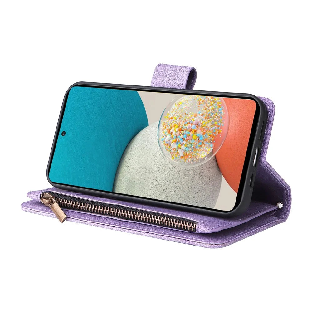 Stripes Imprinted Skin-touch PU Leather Flip Folio Stand Protective Cover Zipper Purse Card Slots Cash Pocket with Strap for Samsung Galaxy A53 5G - Purple - 4