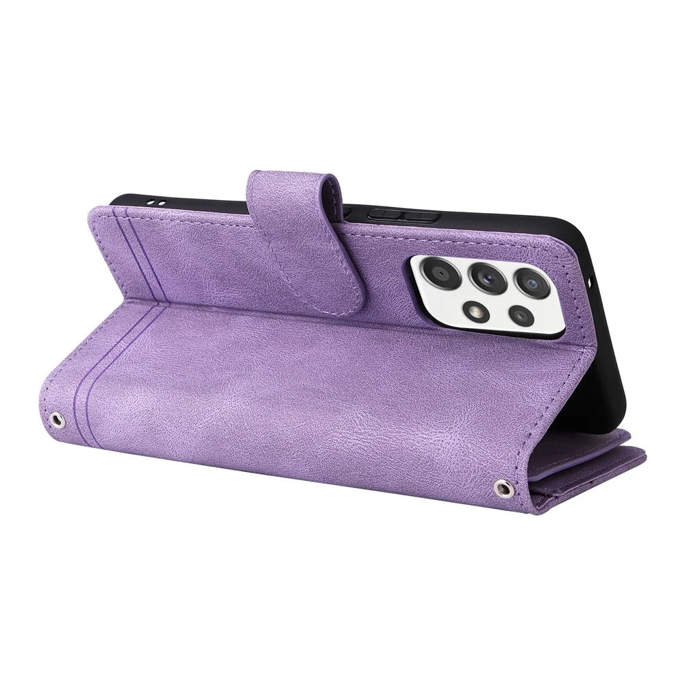 Stripes Imprinted Skin-touch PU Leather Flip Folio Stand Protective Cover Zipper Purse Card Slots Cash Pocket with Strap for Samsung Galaxy A53 5G - Purple - 5