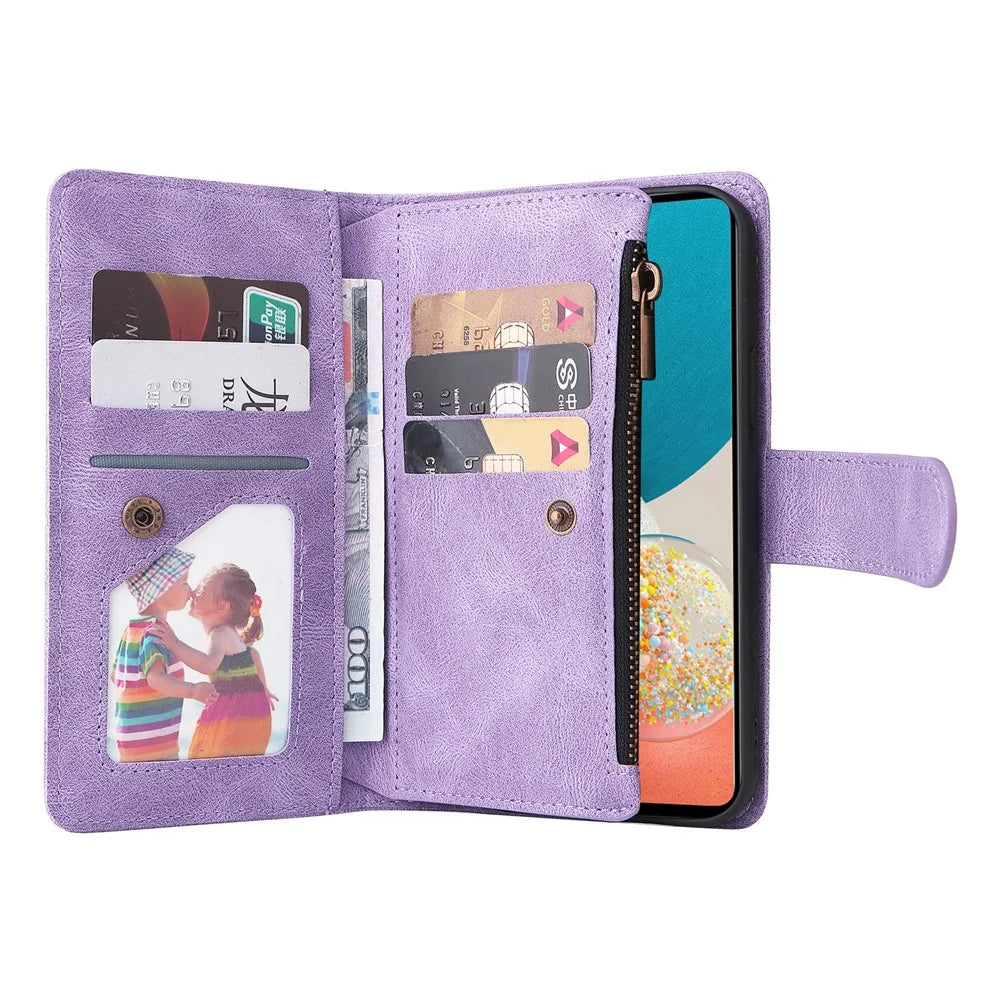 Stripes Imprinted Skin-touch PU Leather Flip Folio Stand Protective Cover Zipper Purse Card Slots Cash Pocket with Strap for Samsung Galaxy A53 5G - Purple - 6