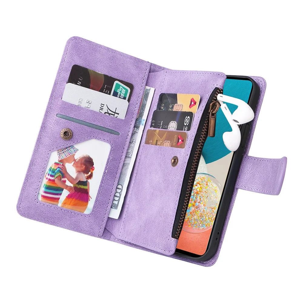 Stripes Imprinted Skin-touch PU Leather Flip Folio Stand Protective Cover Zipper Purse Card Slots Cash Pocket with Strap for Samsung Galaxy A53 5G - Purple - 7