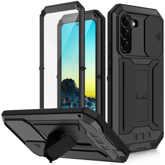 R-JUST 2nd Generation Kickstand Design Sliding Camera Cover Anti-fall Dust-proof Metal+Silicone+PC Case with Built-in Tempered Glass Screen Protector for Samsung Galaxy S22+ 5G - Black - 1