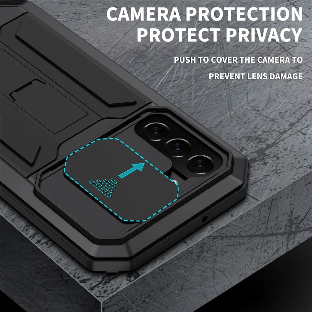 R-JUST 2nd Generation Kickstand Design Sliding Camera Cover Anti-fall Dust-proof Metal+Silicone+PC Case with Built-in Tempered Glass Screen Protector for Samsung Galaxy S22+ 5G - Black - 2