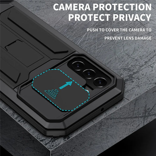 R-JUST 2nd Generation Kickstand Design Sliding Camera Cover Anti-fall Dust-proof Metal+Silicone+PC Case with Built-in Tempered Glass Screen Protector for Samsung Galaxy S22+ 5G - Black - 2