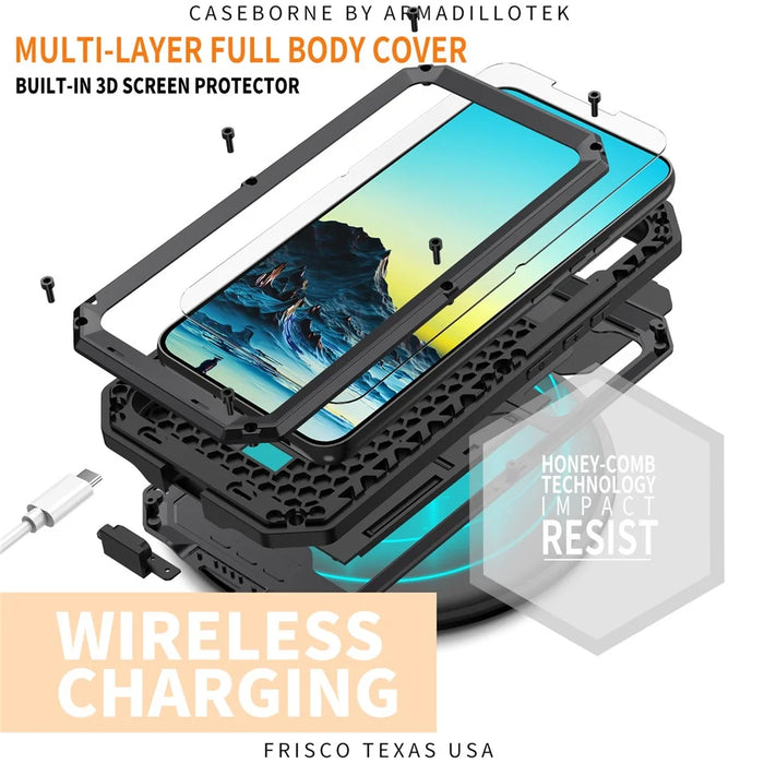 R-JUST 2nd Generation Kickstand Design Sliding Camera Cover Anti-fall Dust-proof Metal+Silicone+PC Case with Built-in Tempered Glass Screen Protector for Samsung Galaxy S22+ 5G - Black - 3