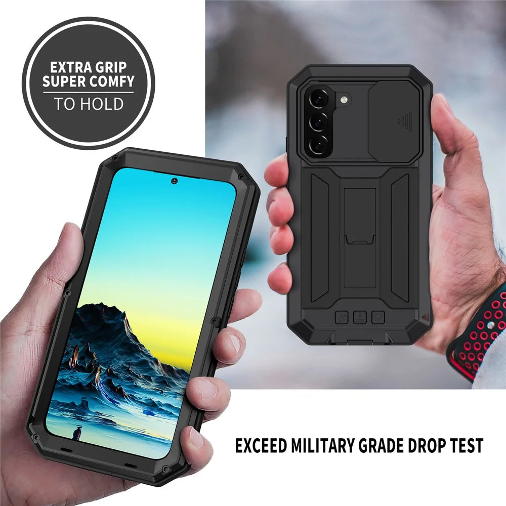 R-JUST 2nd Generation Kickstand Design Sliding Camera Cover Anti-fall Dust-proof Metal+Silicone+PC Case with Built-in Tempered Glass Screen Protector for Samsung Galaxy S22+ 5G - Black - 4
