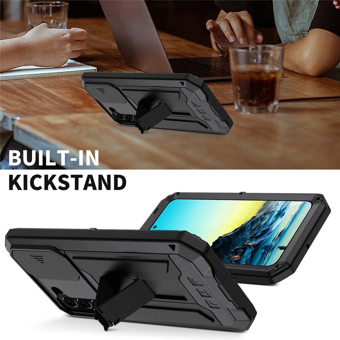 R-JUST 2nd Generation Kickstand Design Sliding Camera Cover Anti-fall Dust-proof Metal+Silicone+PC Case with Built-in Tempered Glass Screen Protector for Samsung Galaxy S22+ 5G - Black - 6