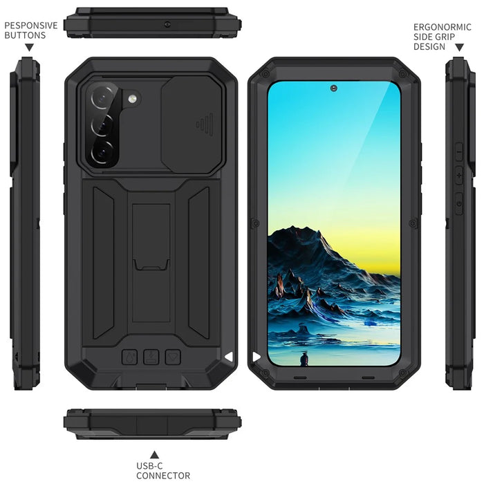 R-JUST 2nd Generation Kickstand Design Sliding Camera Cover Anti-fall Dust-proof Metal+Silicone+PC Case with Built-in Tempered Glass Screen Protector for Samsung Galaxy S22+ 5G - Black - 7