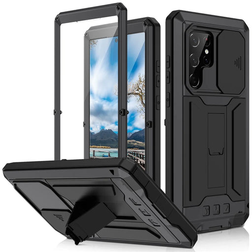 R-JUST 2nd Generation for Samsung Galaxy S22 Ultra 5G Phone Case Sliding Camera Cover Anti-drop Phone Cover Kickstand with Built-in Tempered Glass Screen Protector - Black - 1