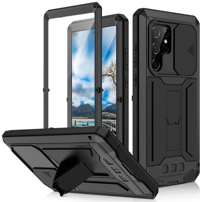 R-JUST 2nd Generation for Samsung Galaxy S22 Ultra 5G Phone Case Sliding Camera Cover Anti-drop Phone Cover Kickstand with Built-in Tempered Glass Screen Protector - Black - 1