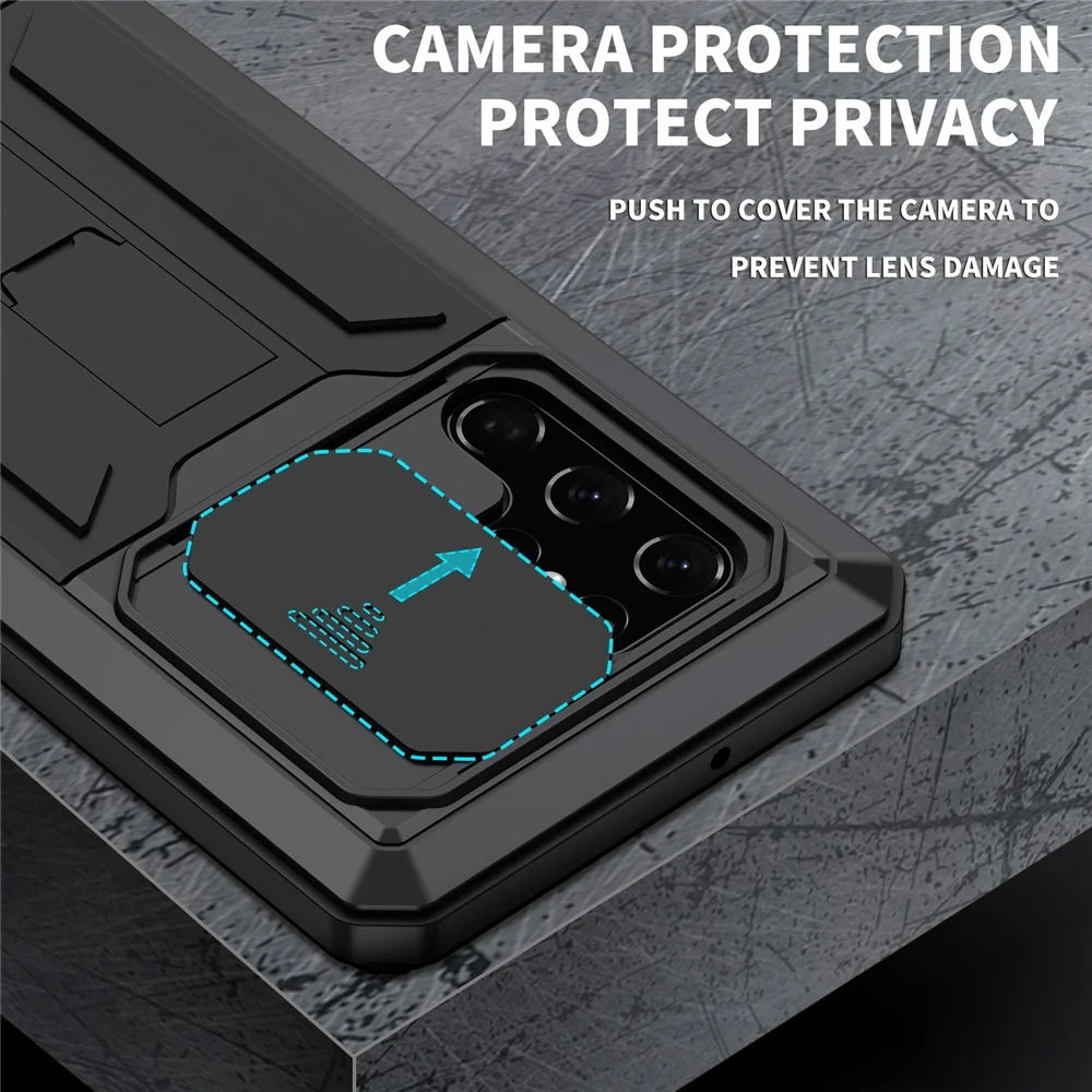 R-JUST 2nd Generation for Samsung Galaxy S22 Ultra 5G Phone Case Sliding Camera Cover Anti-drop Phone Cover Kickstand with Built-in Tempered Glass Screen Protector - Black - 2