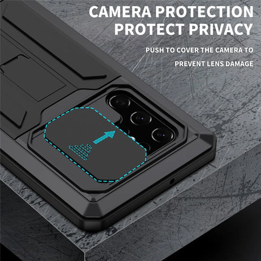 R-JUST 2nd Generation for Samsung Galaxy S22 Ultra 5G Phone Case Sliding Camera Cover Anti-drop Phone Cover Kickstand with Built-in Tempered Glass Screen Protector - Black - 2