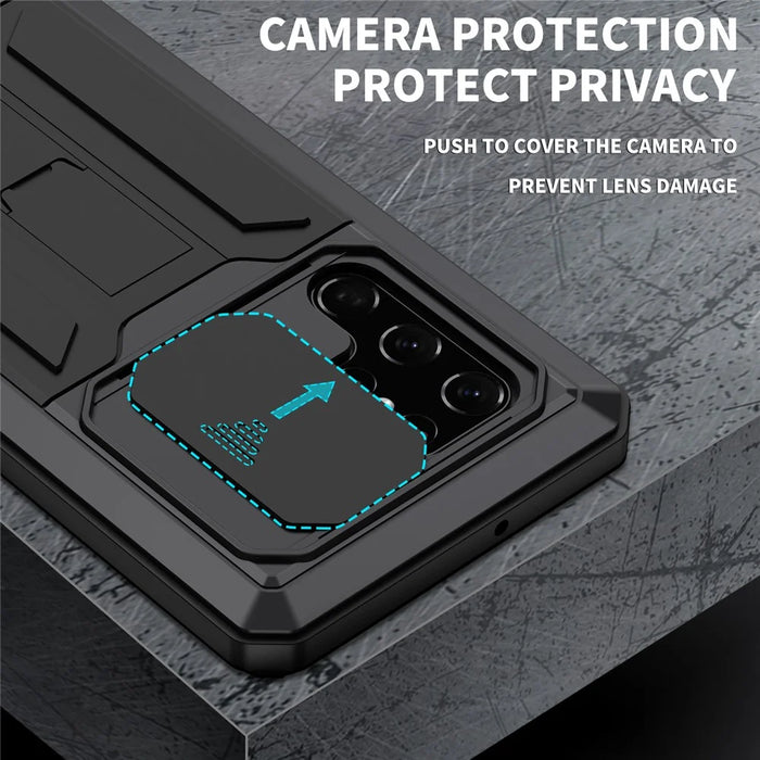 R-JUST 2nd Generation for Samsung Galaxy S22 Ultra 5G Phone Case Sliding Camera Cover Anti-drop Phone Cover Kickstand with Built-in Tempered Glass Screen Protector - Black - 2