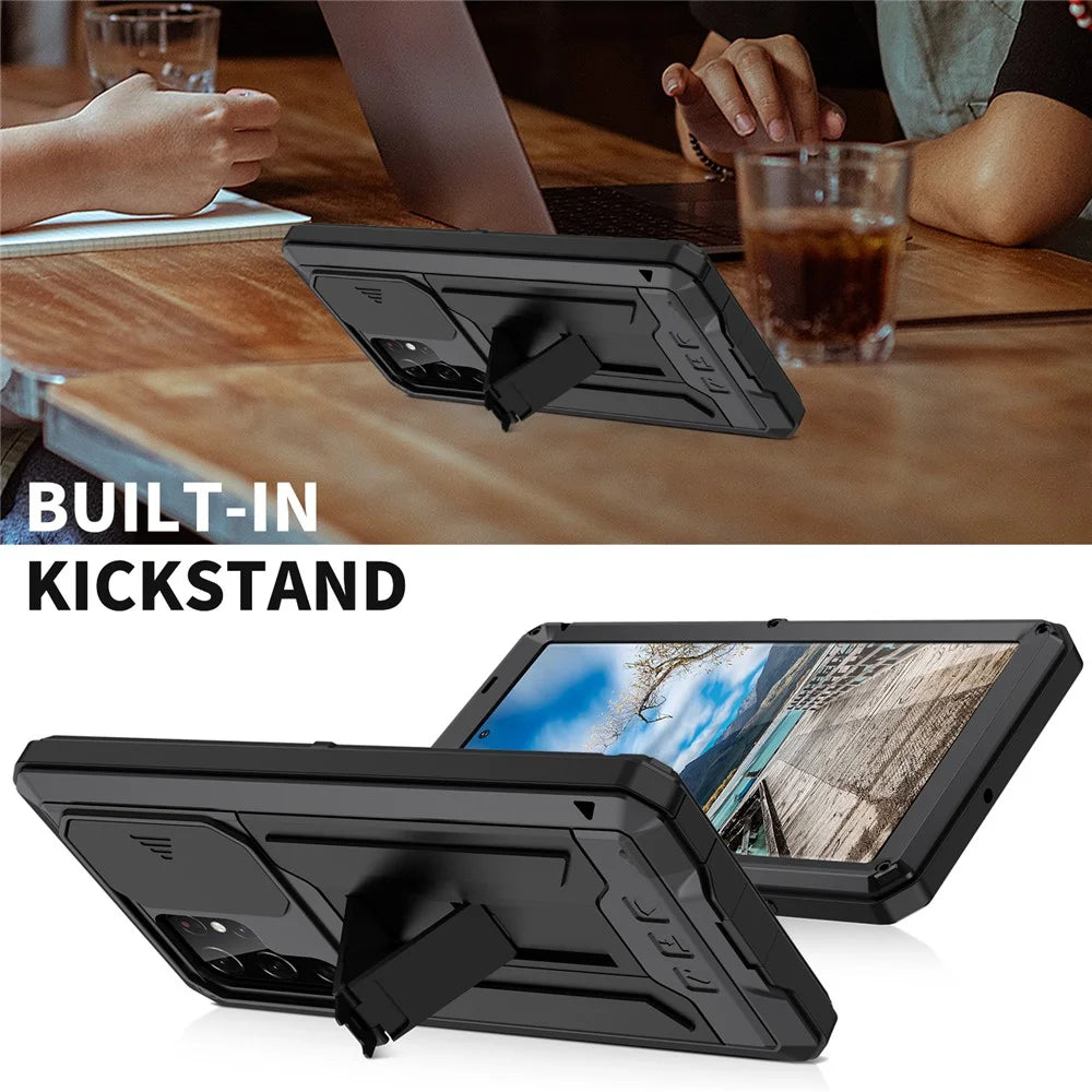 R-JUST 2nd Generation for Samsung Galaxy S22 Ultra 5G Phone Case Sliding Camera Cover Anti-drop Phone Cover Kickstand with Built-in Tempered Glass Screen Protector - Black - 6