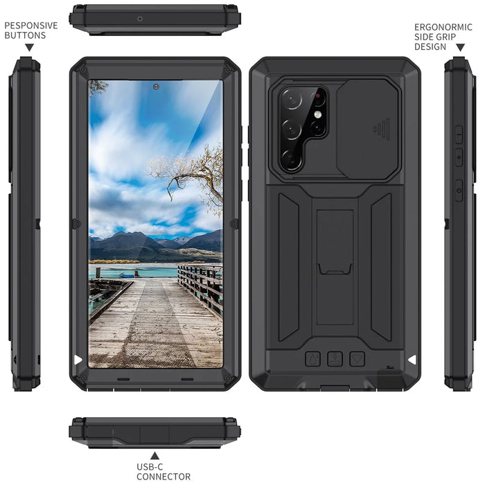 R-JUST 2nd Generation for Samsung Galaxy S22 Ultra 5G Phone Case Sliding Camera Cover Anti-drop Phone Cover Kickstand with Built-in Tempered Glass Screen Protector - Black - 7