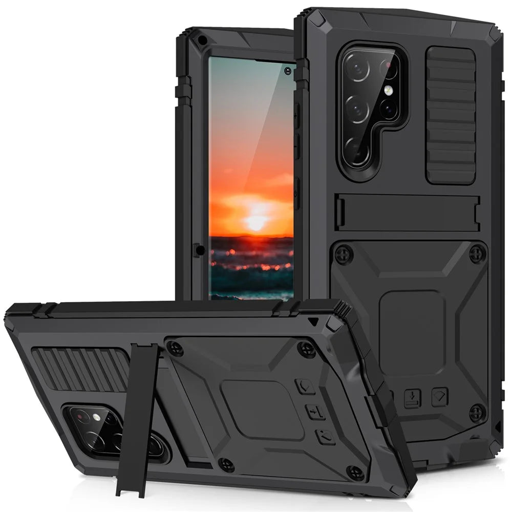 R-JUST Anti-fall Dust-proof Shockproof Metal+Silicone+PC Kickstand Case with Built-in Anti-explosion Tempered Glass Lens Protector and Screen Protector for Samsung Galaxy S22 Ultra 5G - Black - 1