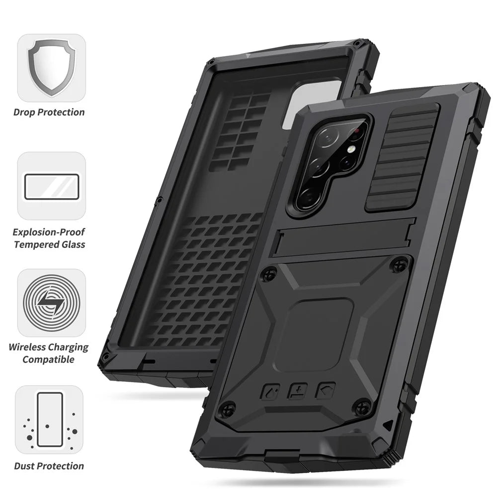 R-JUST Anti-fall Dust-proof Shockproof Metal+Silicone+PC Kickstand Case with Built-in Anti-explosion Tempered Glass Lens Protector and Screen Protector for Samsung Galaxy S22 Ultra 5G - Black - 2