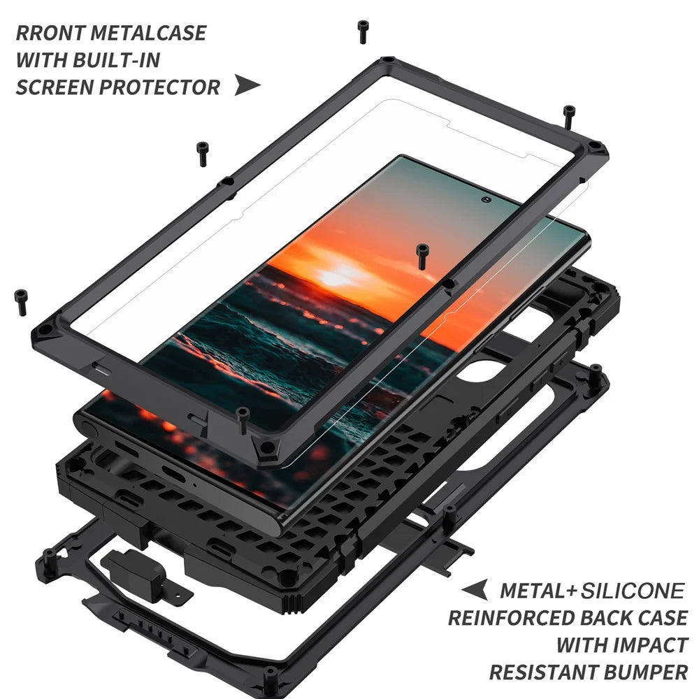 R-JUST Anti-fall Dust-proof Shockproof Metal+Silicone+PC Kickstand Case with Built-in Anti-explosion Tempered Glass Lens Protector and Screen Protector for Samsung Galaxy S22 Ultra 5G - Black - 3